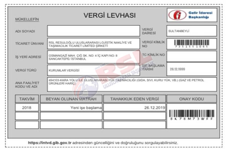 Vergi levhası RSL uluslararası nakliyat İstanbul uluslararası evden eve nakliyat